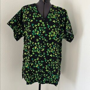 Black Medical Scrub Top with Green Clover Print